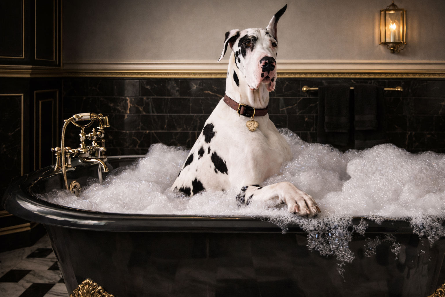 Great Dane in a bathtub filled with bubbles in a luxurious bathroom setting.