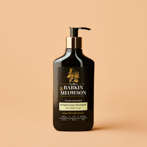Barkin Meowson shampoo bottle on a beige background