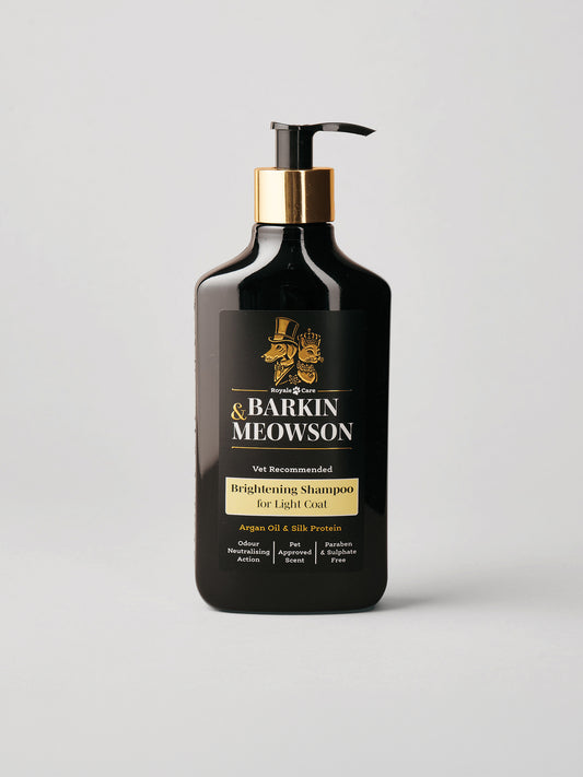 A bottle of Barkin & Meowson Brightening Shampoo for Light Coat, in a matte black bottle with a gold collar and black pump, on a light gray background.