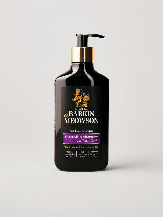 A bottle of Barkin Meowson Detangling Shampoo for curly and wavy coats, in a matte black bottle with a gold collar and black pump, on a light gray background.