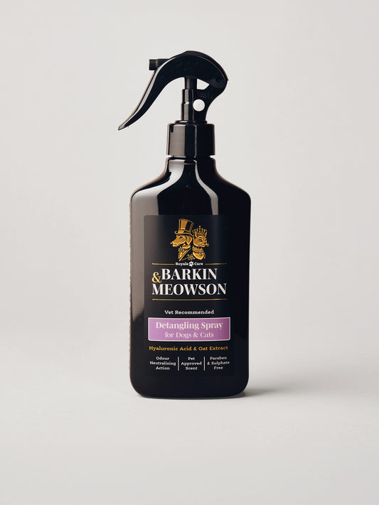A black spray bottle of Barkin Meowson Detangling Spray for Dogs & Cats, featuring a black trigger sprayer and a label with gold and purple text, set against a light gray background.