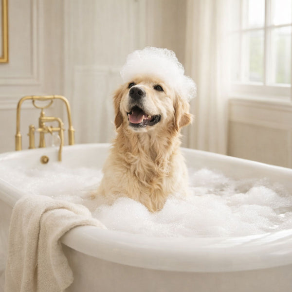 Dog in a bubble bath with gold faucet in a bathroom setting