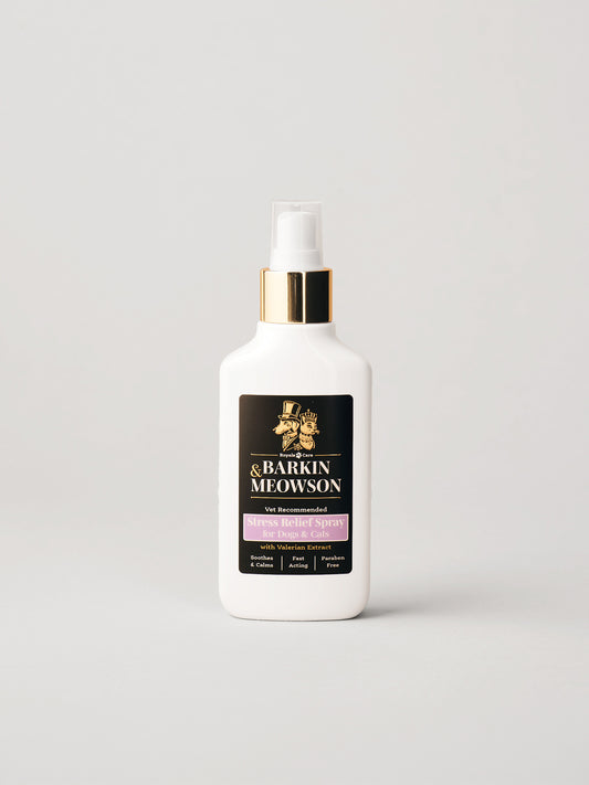 A white spray bottle of & Barkin Meowson stress relief spray with a gold collar and a black label featuring a pink 'Lavender' accent, set against a light gray background.