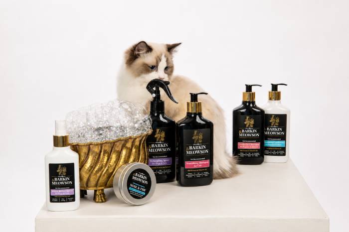 Cat sitting beside Barkin & Meowson best pet grooming products for cats and dogs.