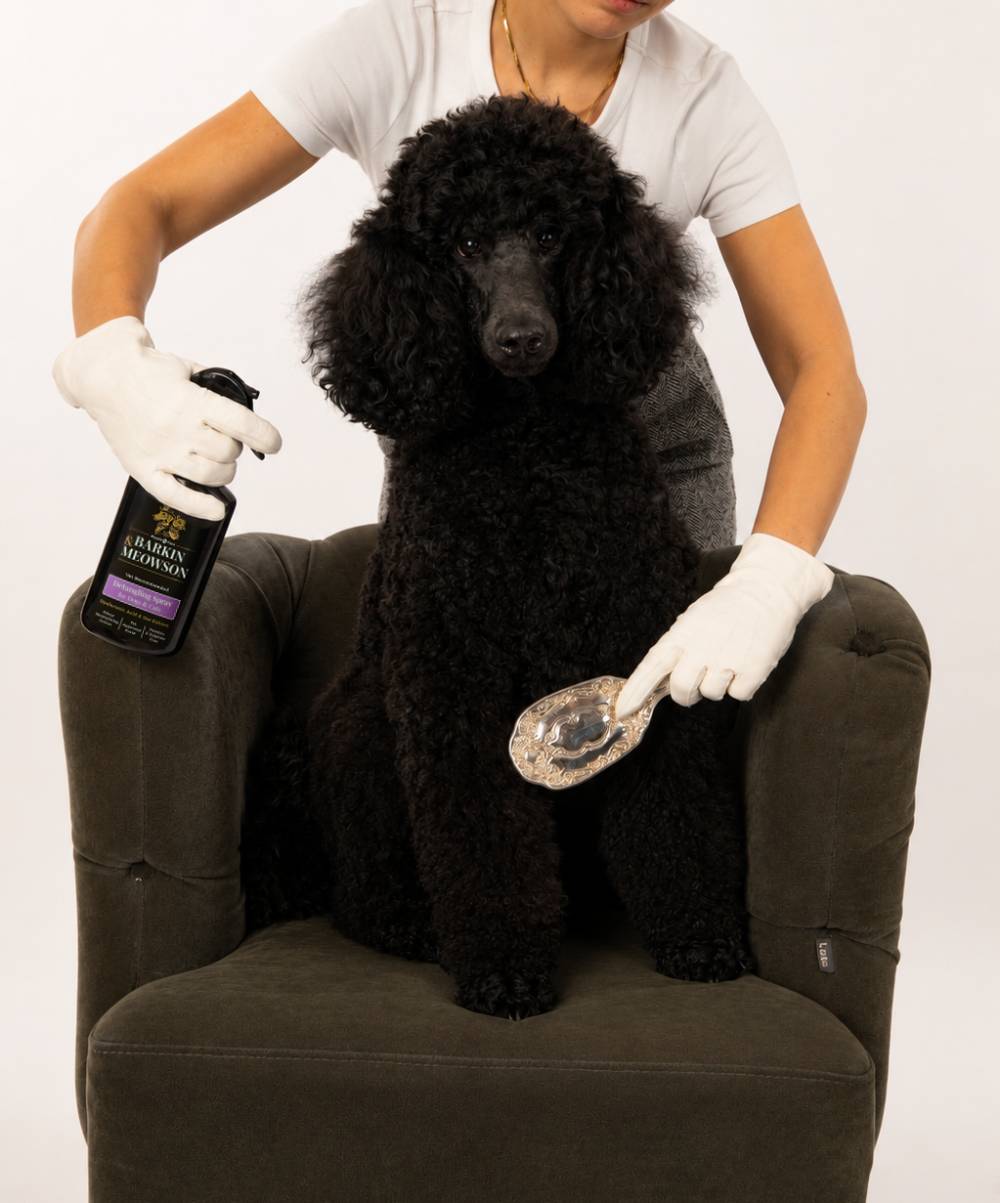 Dog being groomed with pet detangler by owner