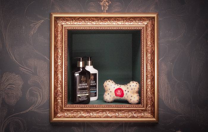 pet care products in a wall nook